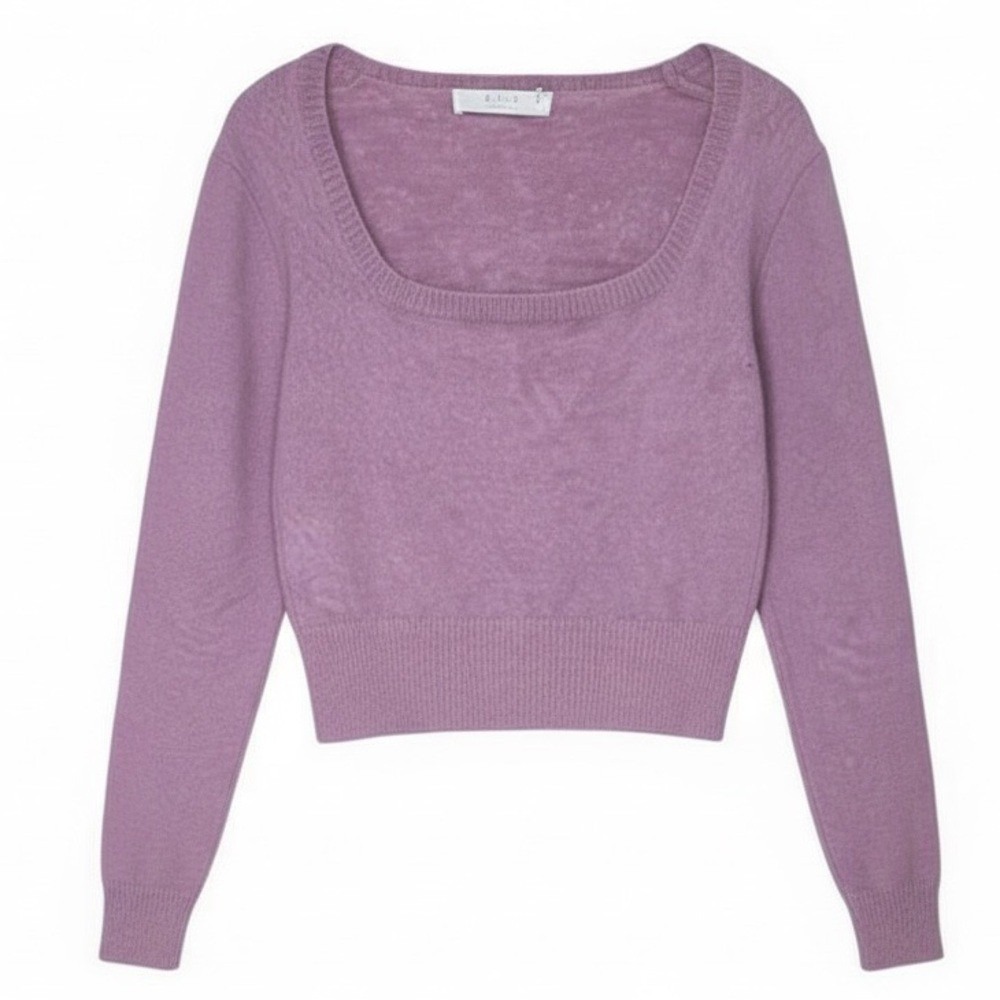 ASTR The Label Purple Square Neck Puff Sleeve Fuzzy Cropped Sweater AT15938 L
